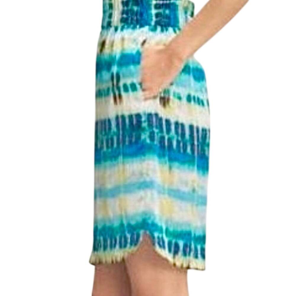 Banana Republic Silk Skirt 8 Watercolor Ikat Elastic Waist Pockets Blue Green